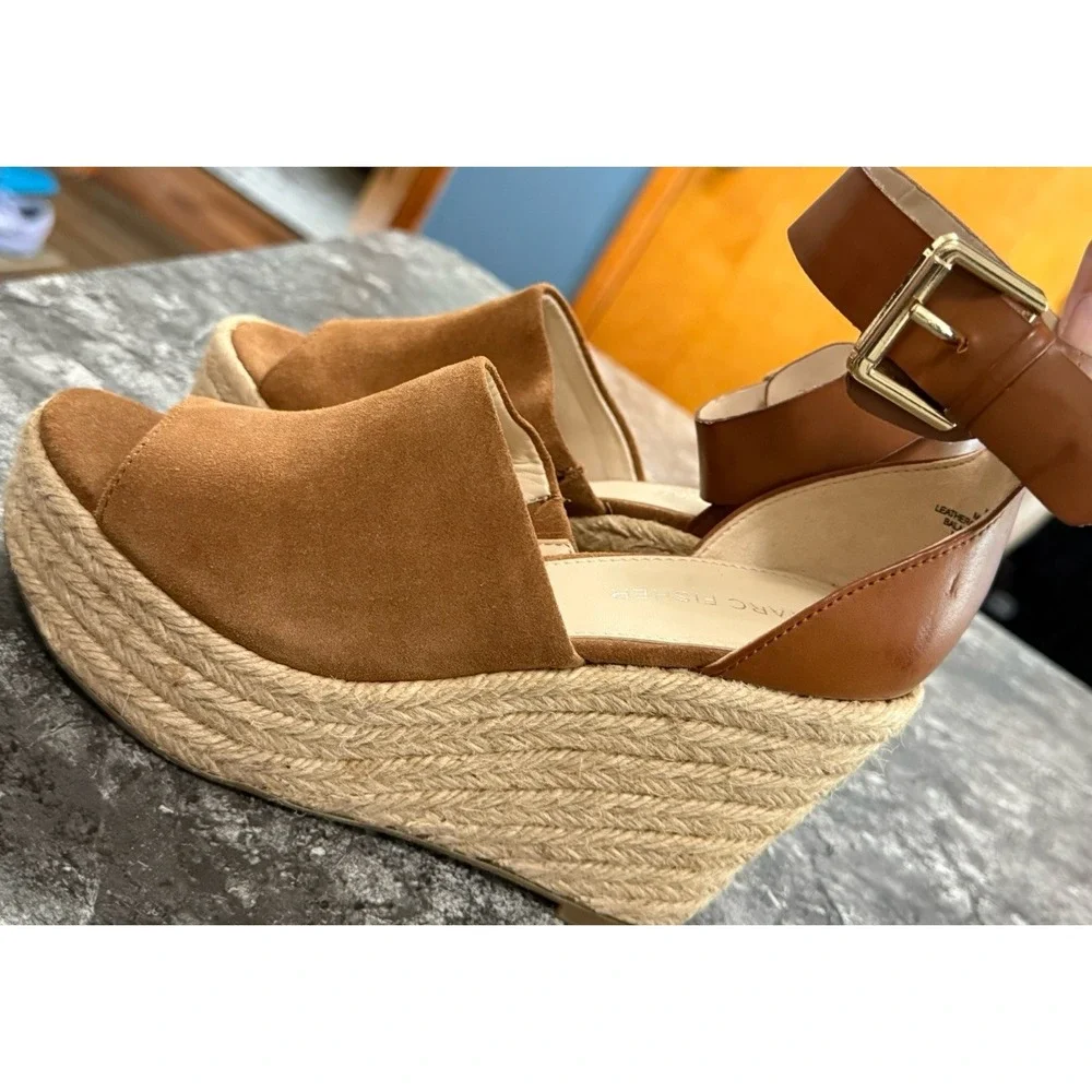 Marc Fisher Cala Platform Leather Suede Wedge Espadrille Sandal Y2K Chunky 5M
